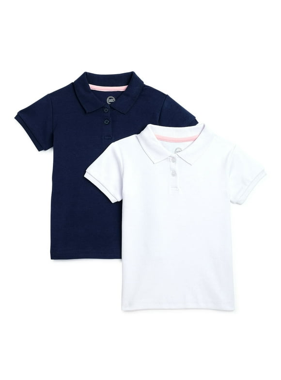 Wonder Nation Toddler Girls School Uniform Short Sleeve Interlock Polo Shirt, 2-Pack