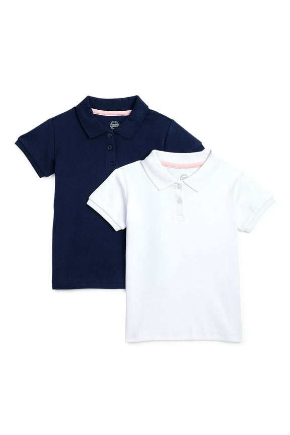 Toddler Girls School Uniform Short Sleeve Interlock Polo Shirt, 2-Pack
