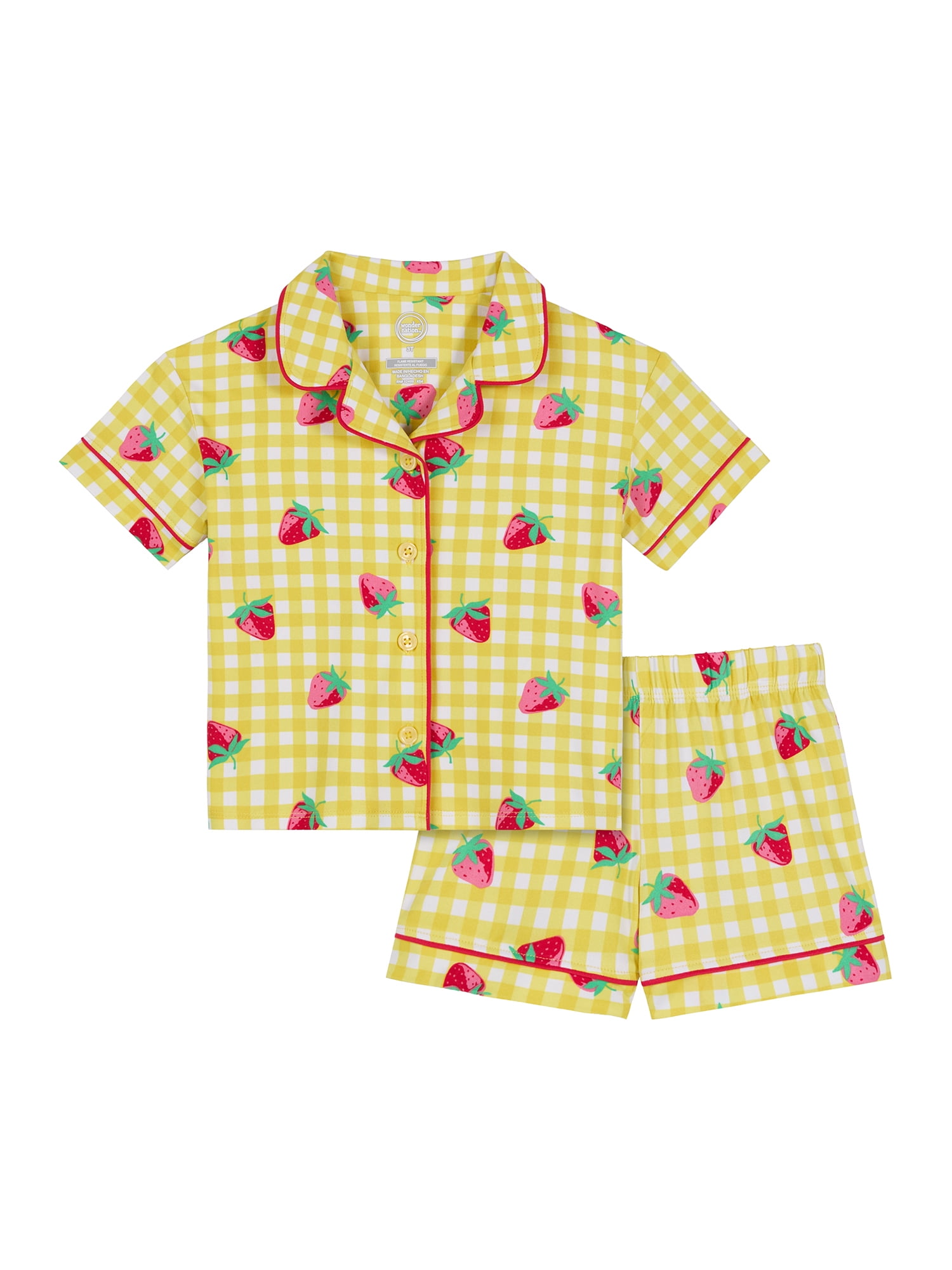 Wonder Nation Toddler Girls Short Sleeve Button Front Pajama Top and Shorts Set, 2-Piece, Sizes Sizes 3T-5T