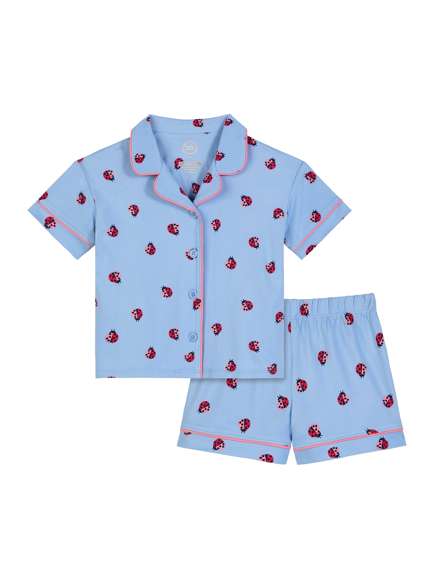 Wonder Nation Toddler Girls Short Sleeve Button Front Pajama Top and Shorts Set, 2-Piece, Sizes Sizes 3T-5T
