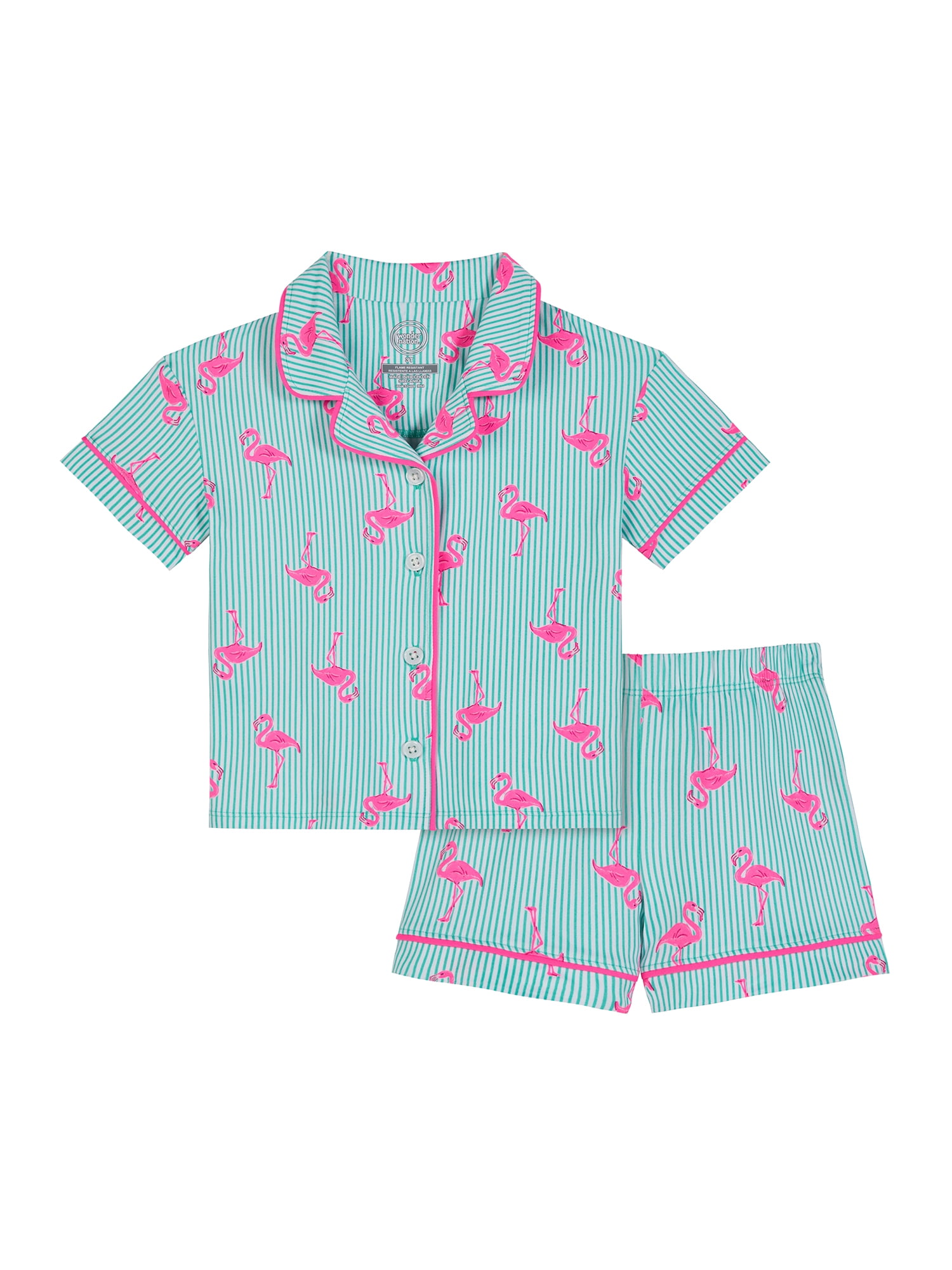 Wonder Nation Toddler Girls Short Sleeve Button Front Pajama Top and Shorts Set, 2-Piece, Sizes Sizes 3T-5T