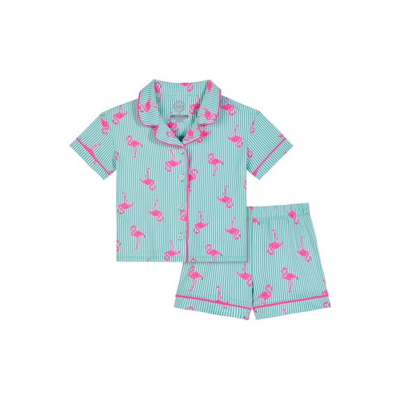 Wonder Nation Toddler Girls Short Sleeve Button Front Pajama Top and Shorts Set, 2-Piece, Sizes Sizes 3T-5T
