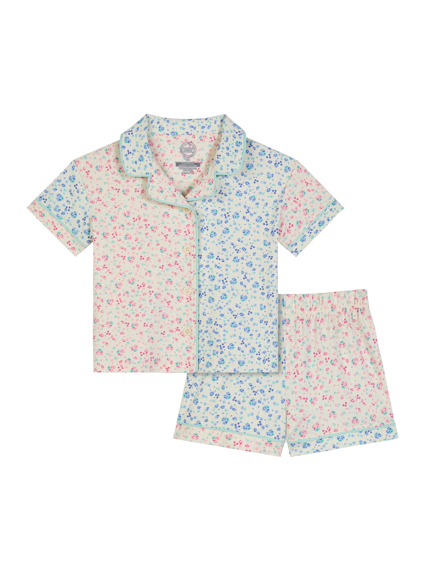 Wonder Nation Toddler Girls Short Sleeve Button Front Pajama Top and Shorts Set, 2-Piece, Sizes Sizes 3T-5T