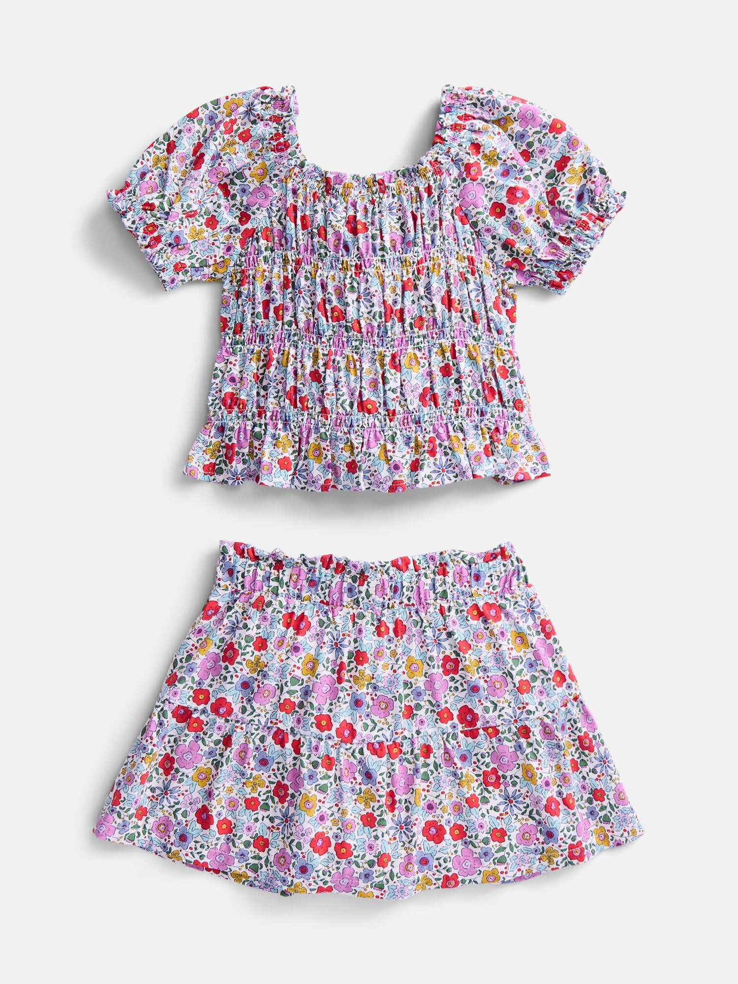Wonder Nation Toddler Girls Puff Sleeve Cotton Top and Skirt Set, 2 Piece, Sizes 12M- 5T