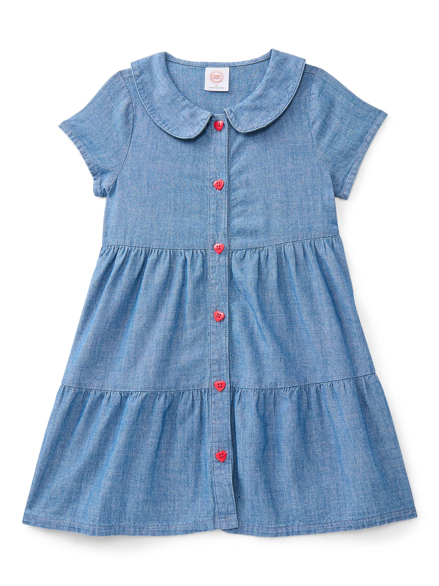 Wonder Nation Toddler Girls Cotton Tiered Denim Dress with Short Sleeves, Sizes 12M-5T