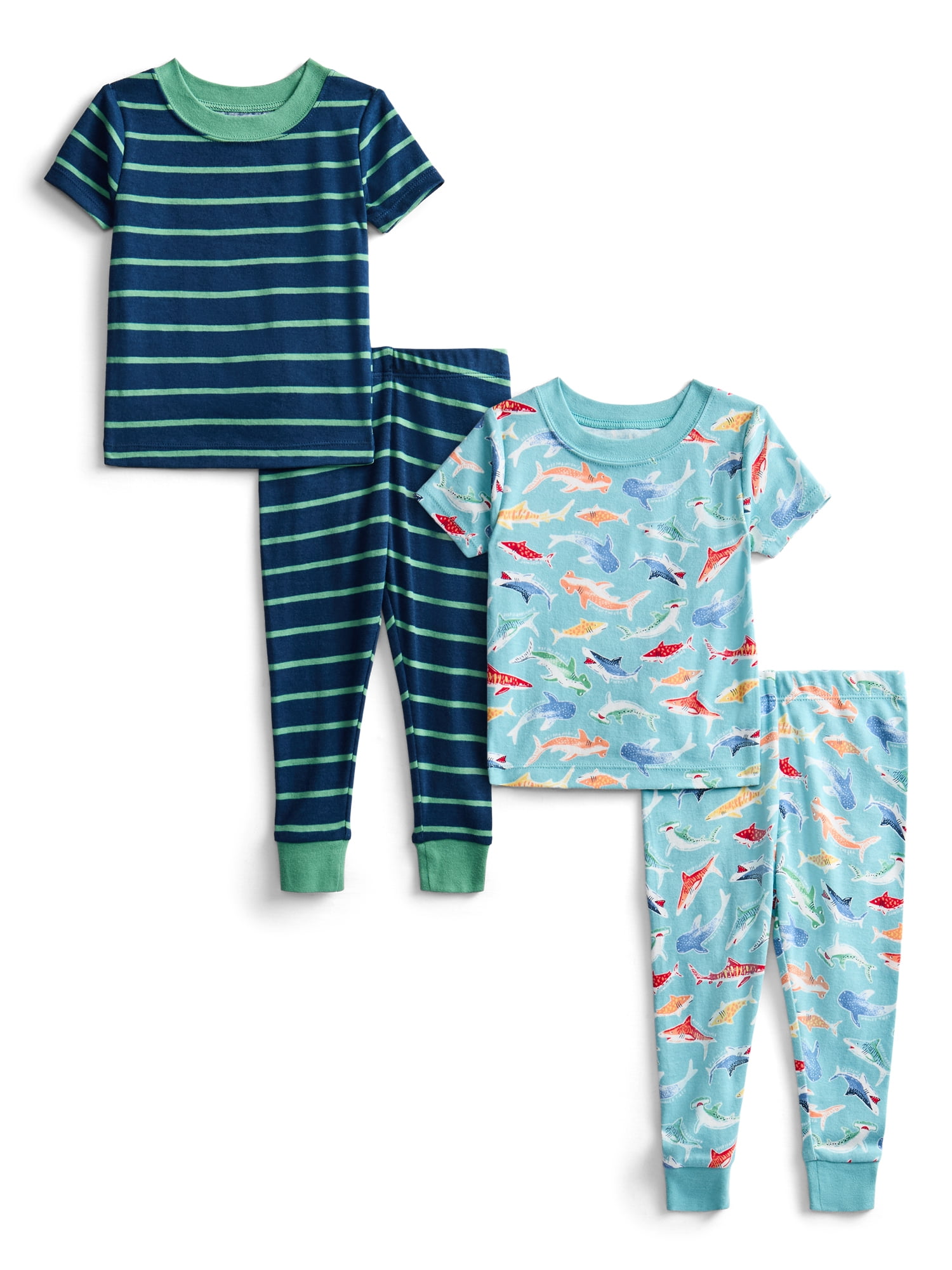 Wonder Nation Toddler Boys or Girls Cotton Short Sleeve Top and Pants Pajama Set, 4-Piece, Sizes 12M-5T