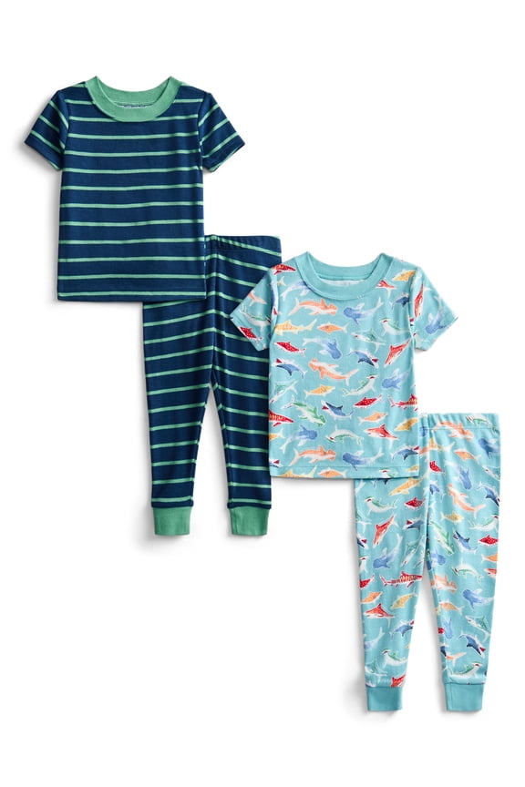 Toddler Boys or Girls Cotton Short Sleeve Top and Pants Pajama Set, 4-Piece, Sizes 12M-5T