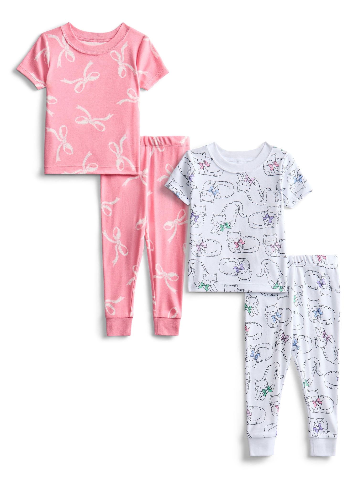 Wonder Nation Toddler Boys or Girls Cotton Short Sleeve Top and Pants Pajama Set, 4-Piece, Sizes 12M-5T