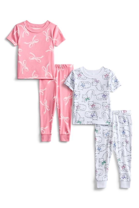Toddler Boys or Girls Cotton Short Sleeve Top and Pants Pajama Set, 4-Piece, Sizes 12M-5T
