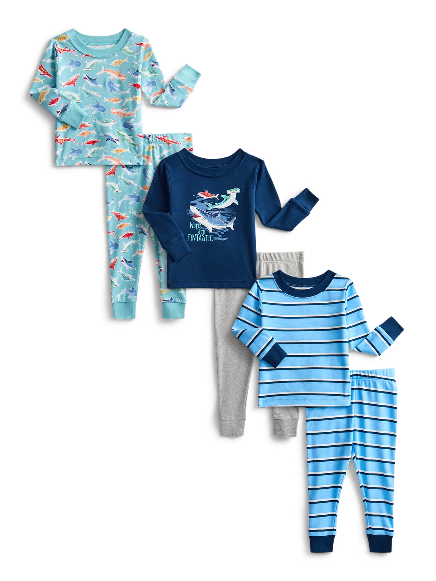Wonder Nation Toddler Boys or Girls Cotton Long Sleeve Top and Pants Pajama Set, 6-Piece, Sizes 12M-5T