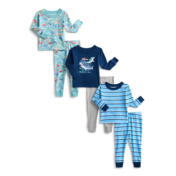 Wonder Nation Toddler Boys or Girls Cotton Long Sleeve Top and Pants Pajama Set, 6-Piece, Sizes 12M-5T