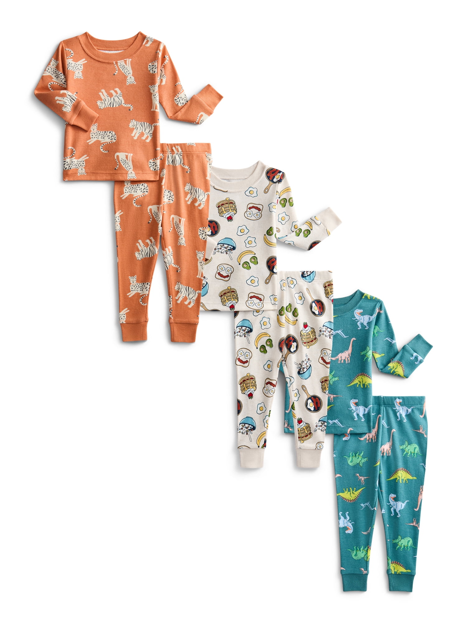 Wonder Nation Toddler Boys or Girls Cotton Long Sleeve Top and Pants Pajama Set, 6-Piece, Sizes 12M-5T