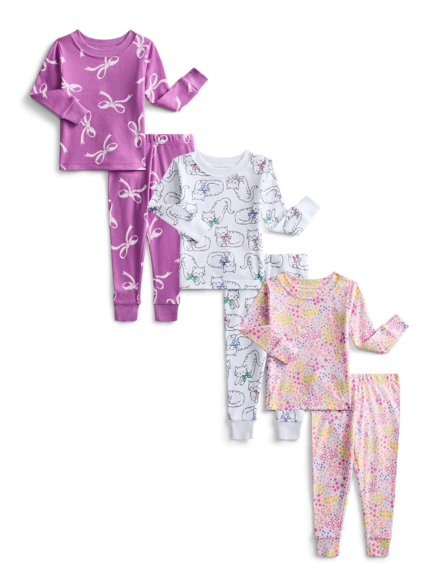 Wonder Nation Toddler Boys or Girls Cotton Long Sleeve Top and Pants Pajama Set, 6-Piece, Sizes 12M-5T