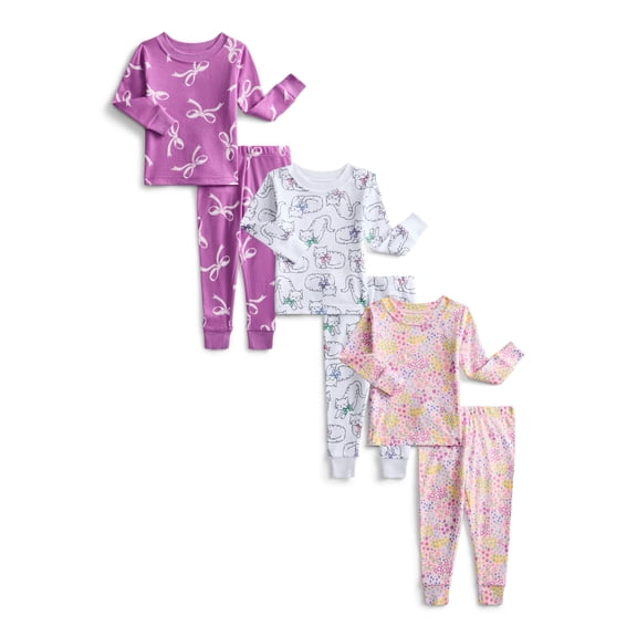 Wonder Nation Toddler Boys or Girls Cotton Long Sleeve Top and Pants Pajama Set, 6-Piece, Sizes 12M-5T