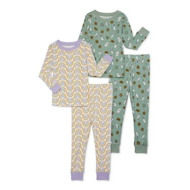 Wonder Nation Toddler Long Sleeve Tight Fit Cotton Pajama Set, 4-Piece, Sizes 12M-5T