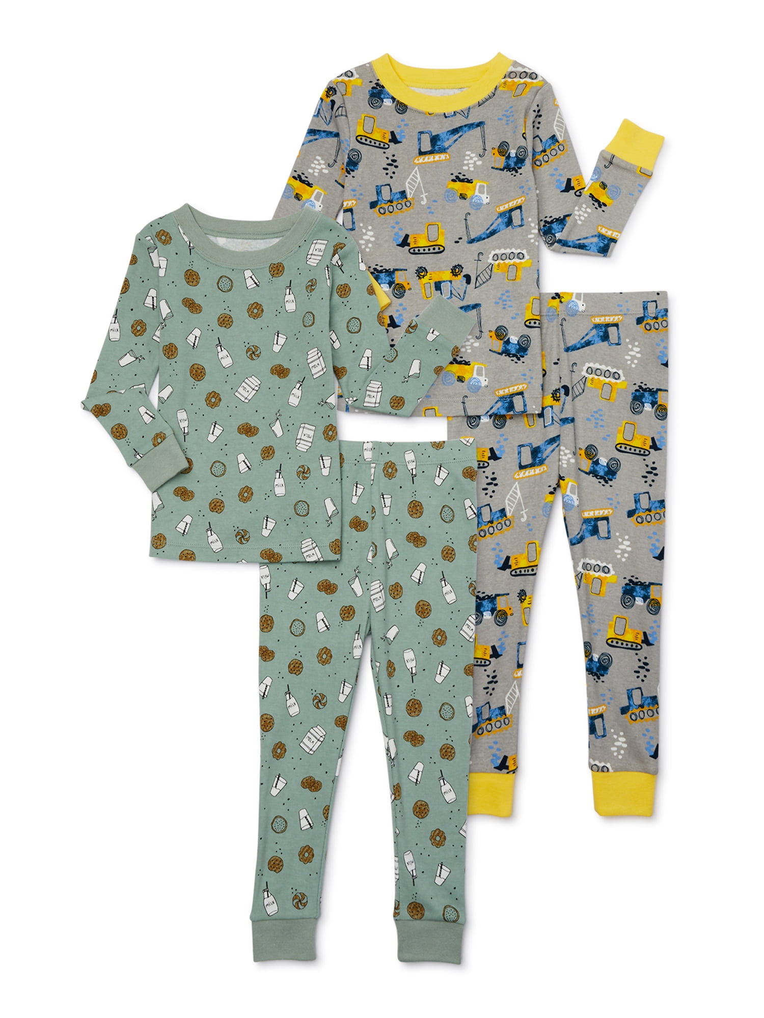 Wonder Nation Toddler Long Sleeve Tight Fit Cotton Pajama Set, 4-Piece, Sizes 12M-5T