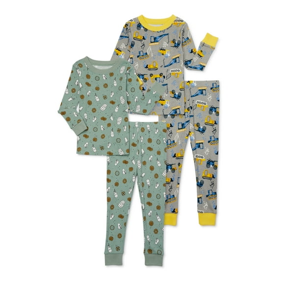Wonder Nation Toddler Long Sleeve Tight Fit Cotton Pajama Set, 4-Piece, Sizes 12M-5T