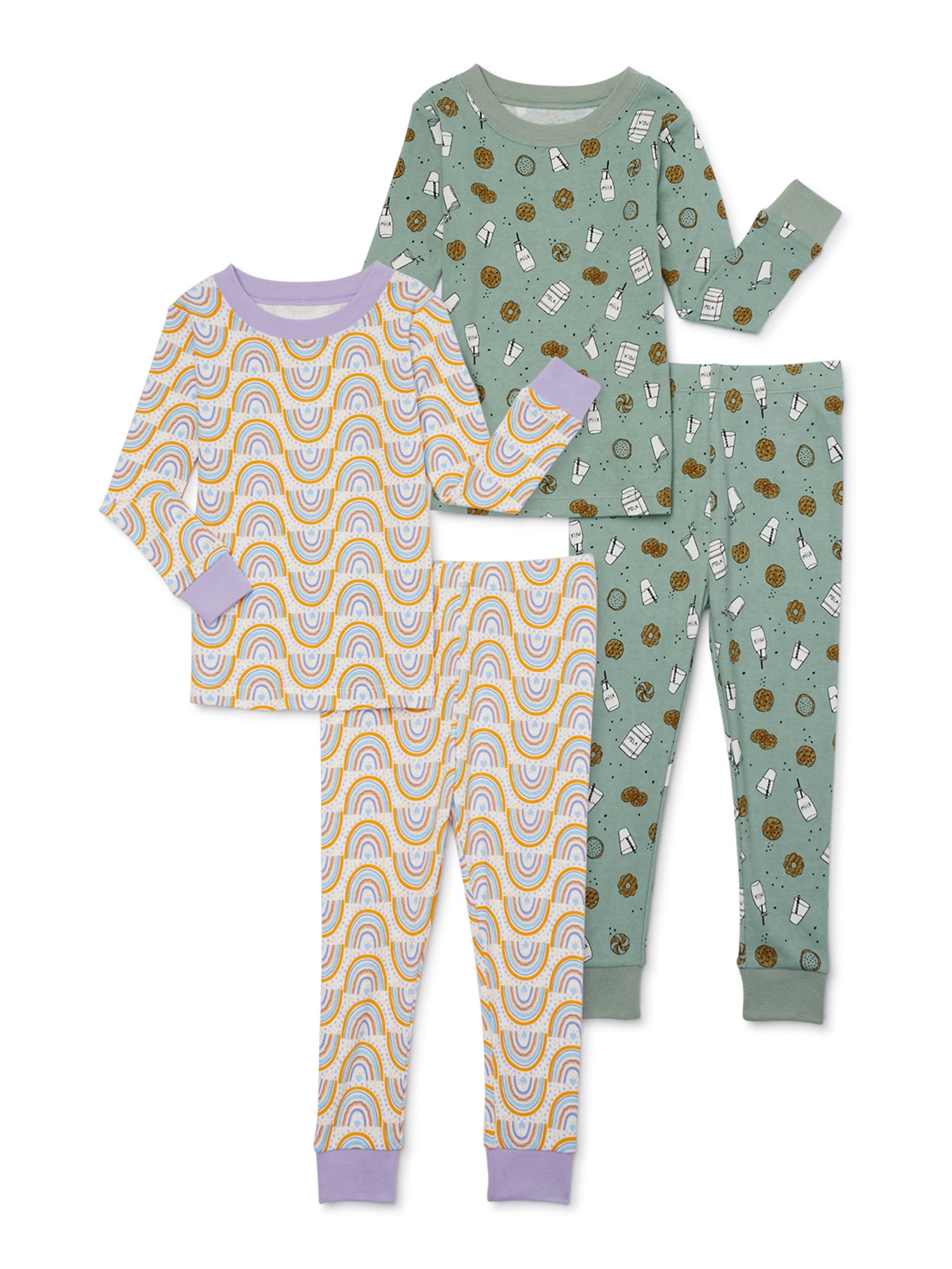 Wonder Nation Toddler Long Sleeve Tight Fit Cotton Pajama Set, 4-Piece, Sizes 12M-5T
