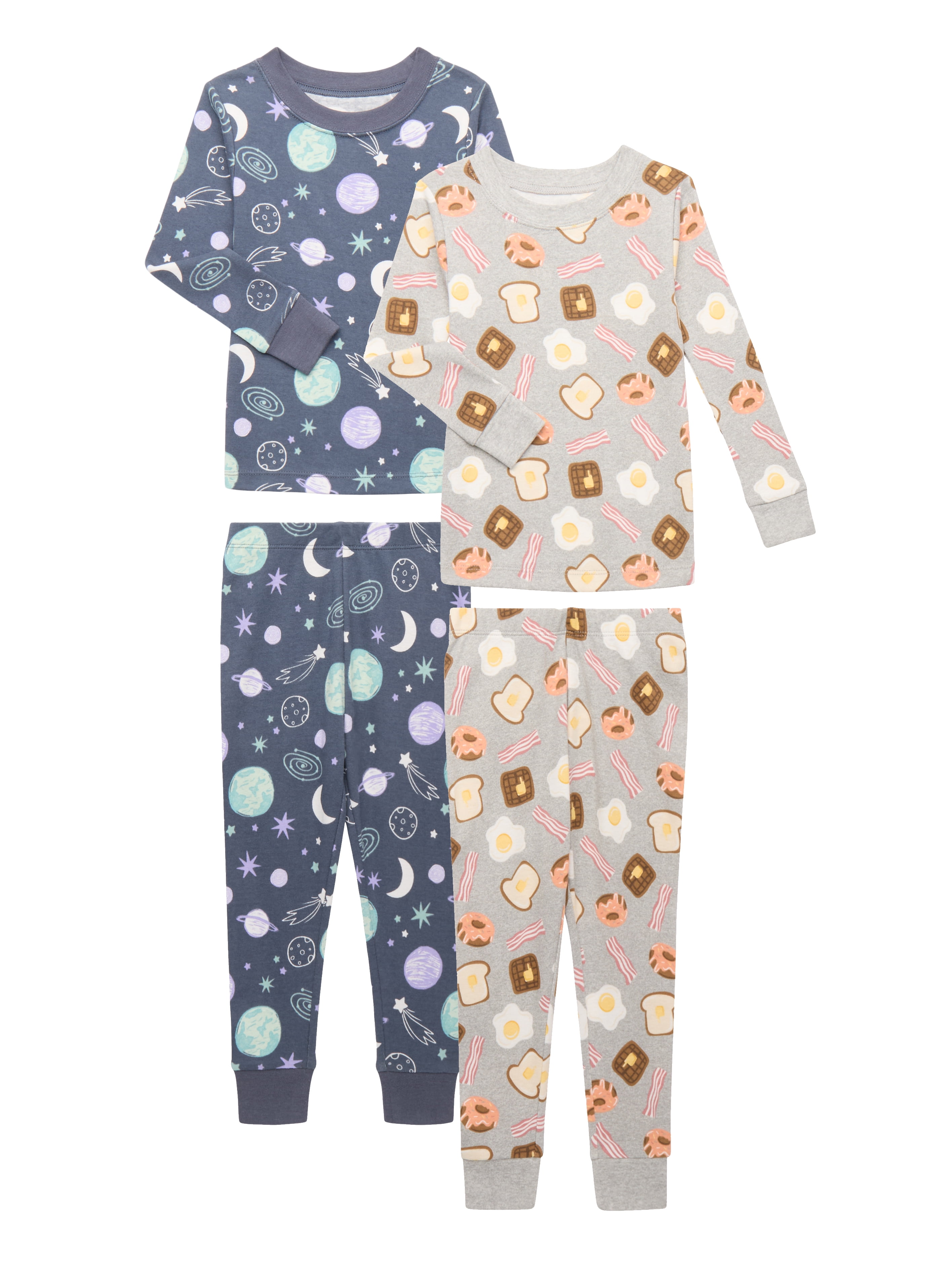 Wonder Nation Toddler Long Sleeve Tight Fit Cotton Pajama Set, 4-Piece, Sizes 12M-5T