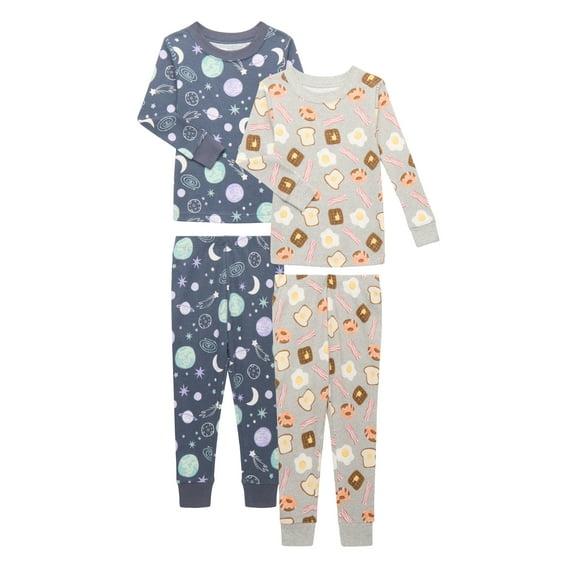 Wonder Nation Toddler Long Sleeve Tight Fit Cotton Pajama Set, 4-Piece, Sizes 12M-5T
