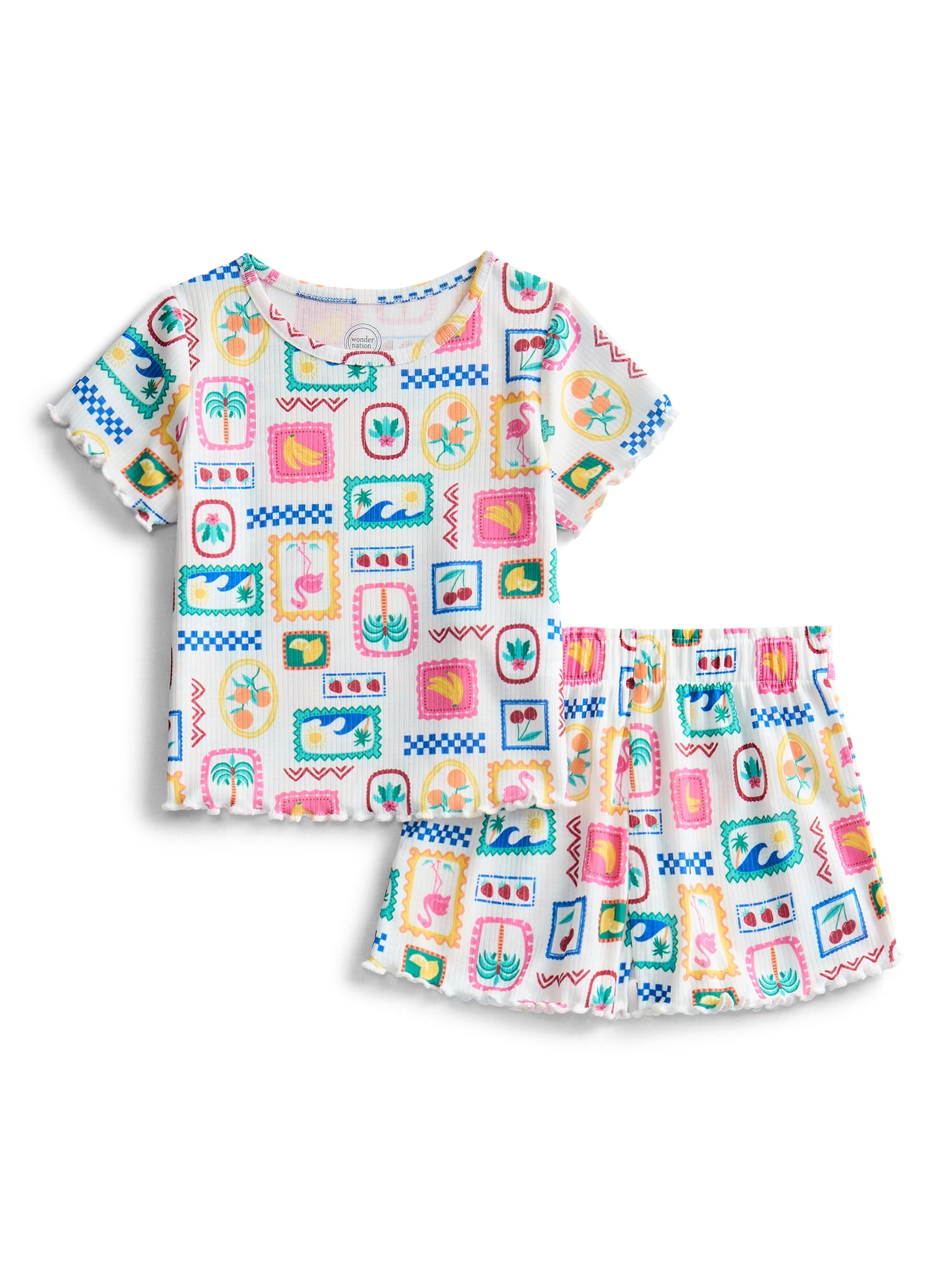 Wonder Nation Toddler Girl's Ribbed Print Tee and Shorts, 2-Piece Pajama Set, Sizes 12M-5T