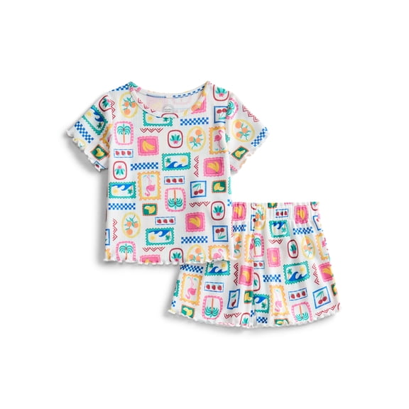 Wonder Nation Toddler Girl's Ribbed Print Tee and Shorts, 2-Piece Pajama Set, Sizes 12M-5T