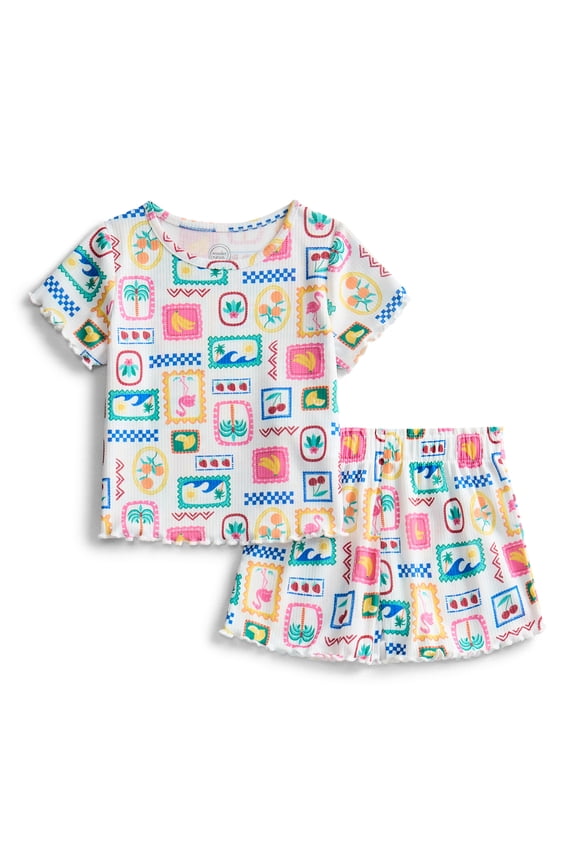 Toddler Girl's Ribbed Print Tee and Shorts, 2-Piece Pajama Set, Sizes 12M-5T
