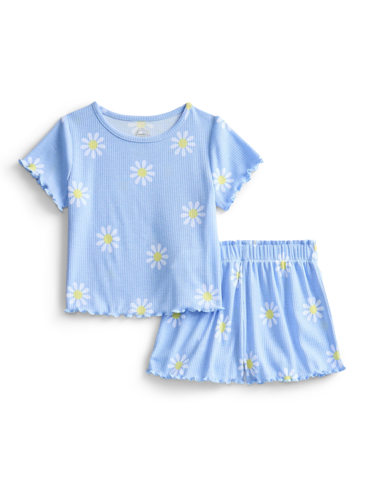 Wonder Nation Toddler Girl's Ribbed Print Tee and Shorts, 2-Piece Pajama Set, Sizes 12M-5T
