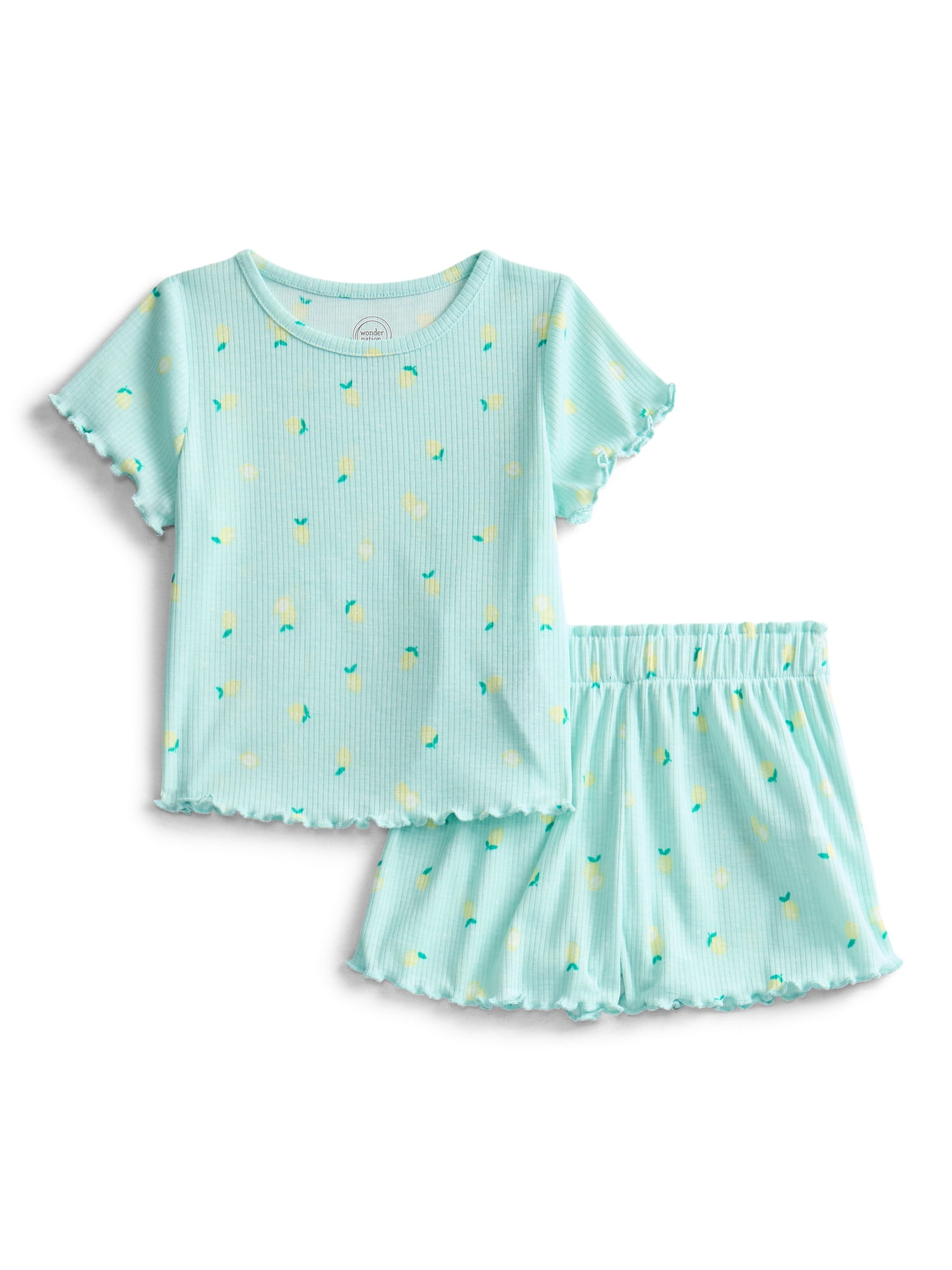 Wonder Nation Toddler Girl's Ribbed Print Tee and Shorts, 2-Piece Pajama Set, Sizes 12M-5T