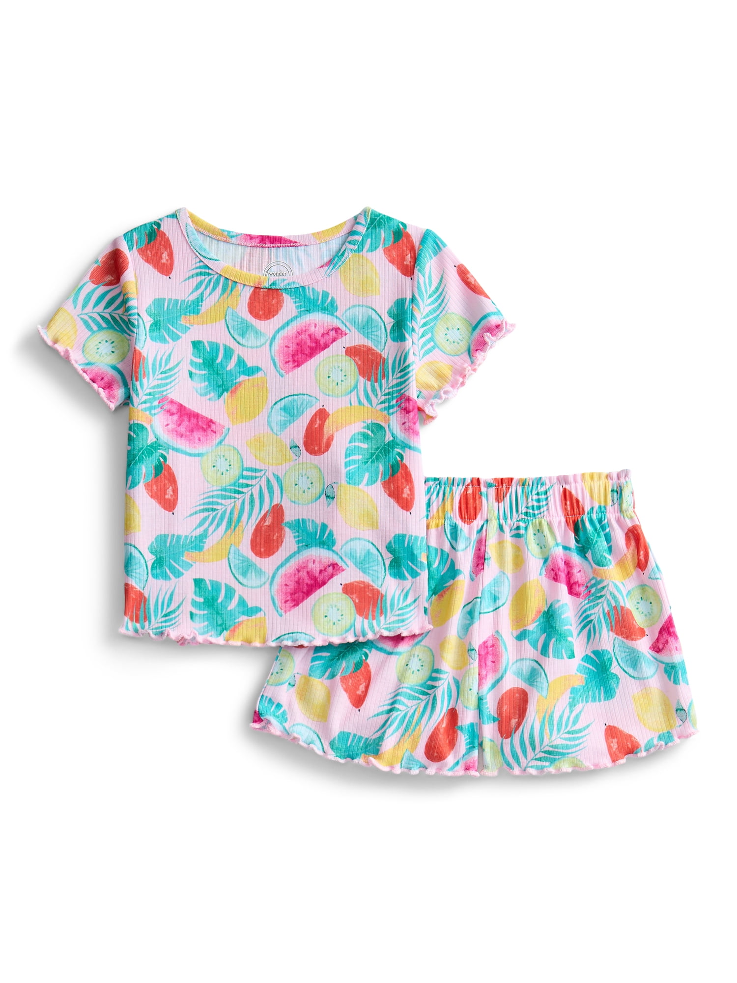 Wonder Nation Toddler Girl's Ribbed Print Tee and Shorts, 2-Piece Pajama Set, Sizes 12M-5T