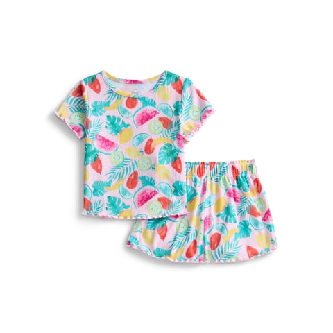 Toddler Girl's Ribbed Print Tee and Shorts, 2-Piece Pajama Set, Sizes 12M-5T