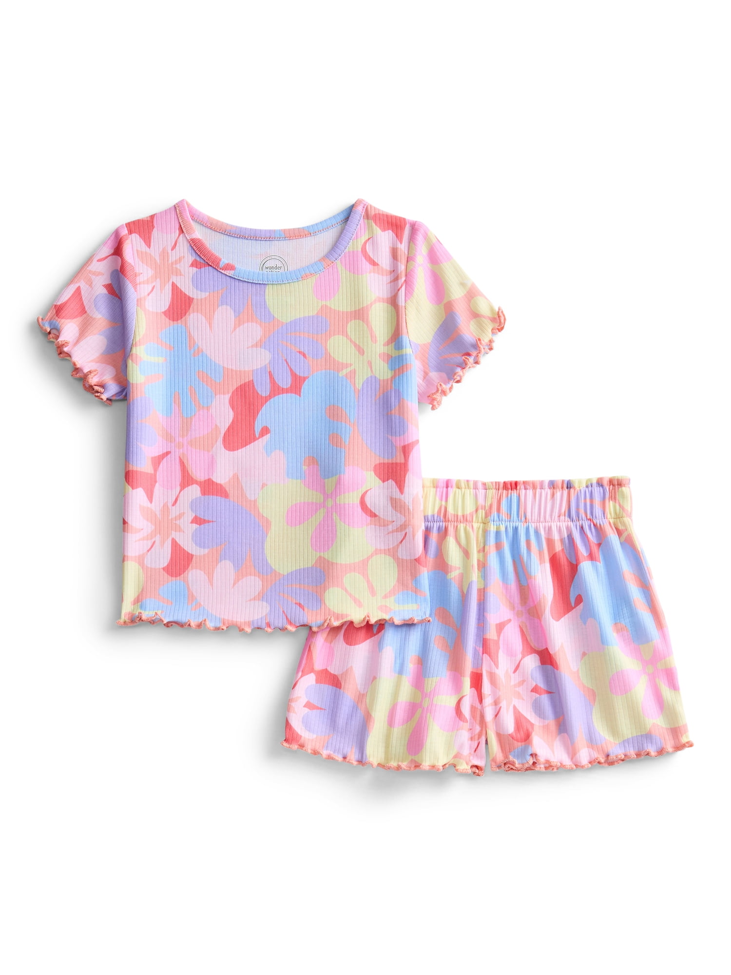 Wonder Nation Toddler Girl's Ribbed Print Tee and Shorts, 2-Piece Pajama Set, Sizes 12M-5T