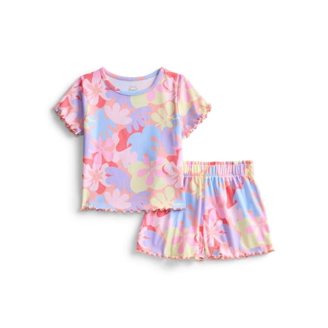 Toddler Girl's Ribbed Print Tee and Shorts, 2-Piece Pajama Set, Sizes 12M-5T