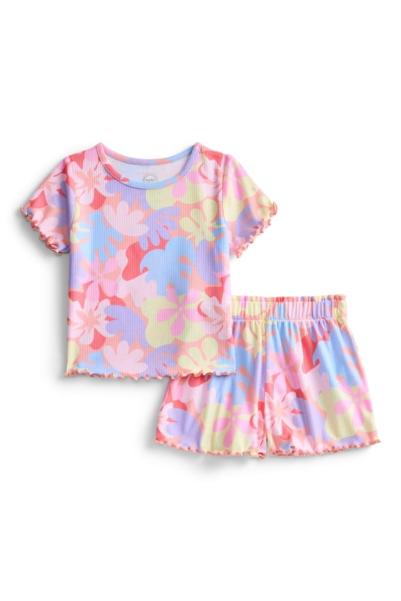 Toddler Girl's Ribbed Print Tee and Shorts, 2-Piece Pajama Set, Sizes 12M-5T