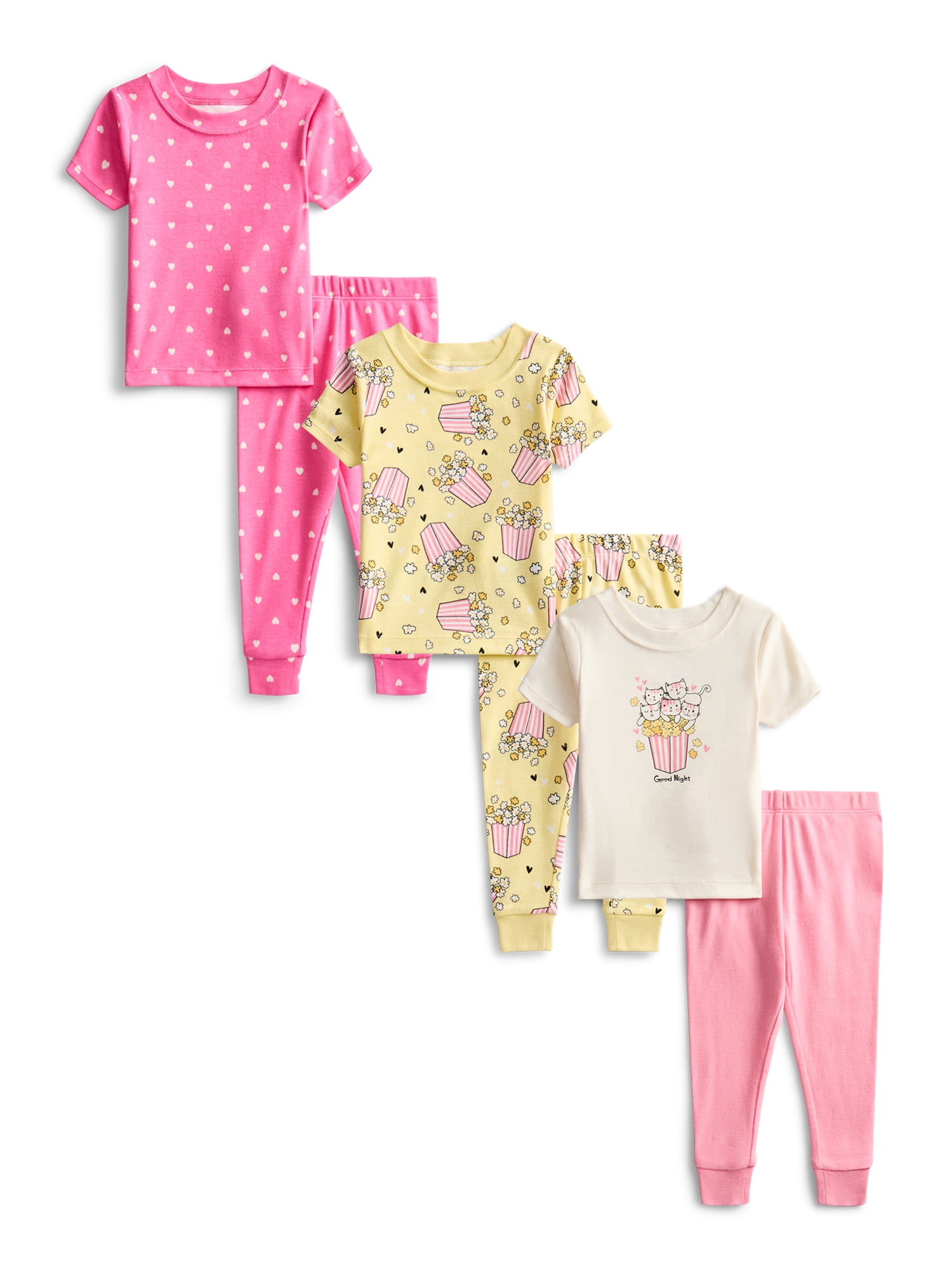 Wonder Nation Toddler Boys or Girls Cotton Snug Fit Short Sleeve Pajama Top and Pants Set, 6-Piece, Sizes 12M-5T