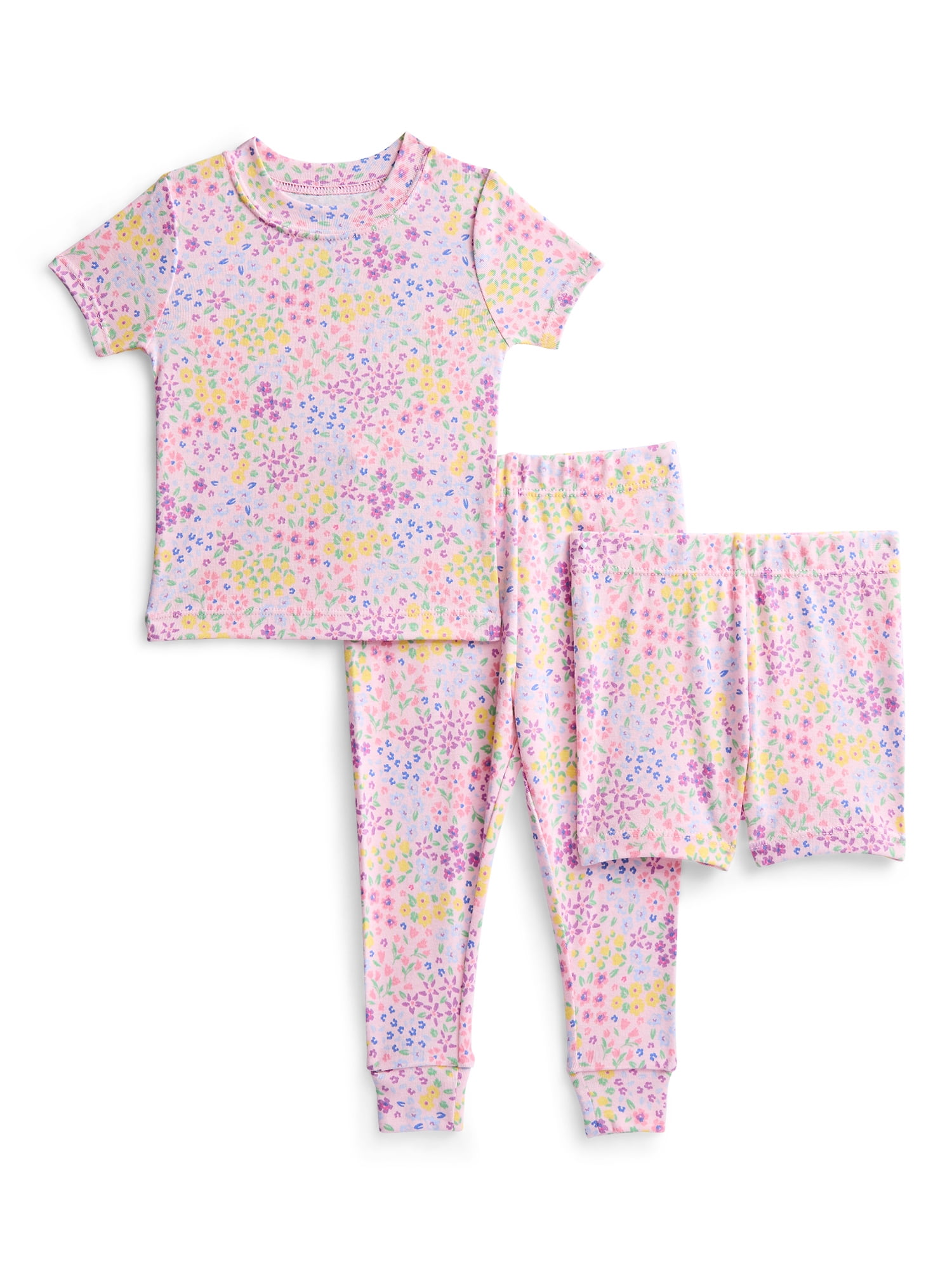 Wonder Nation Toddler Girls Short Sleeve Top, Pants and Shorts Pajama Sleep Set, 3-Piece, Sizes 12M-5T
