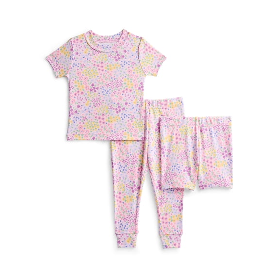 Wonder Nation Toddler Girls Short Sleeve Top, Pants and Shorts Pajama Sleep Set, 3-Piece, Sizes 12M-5T