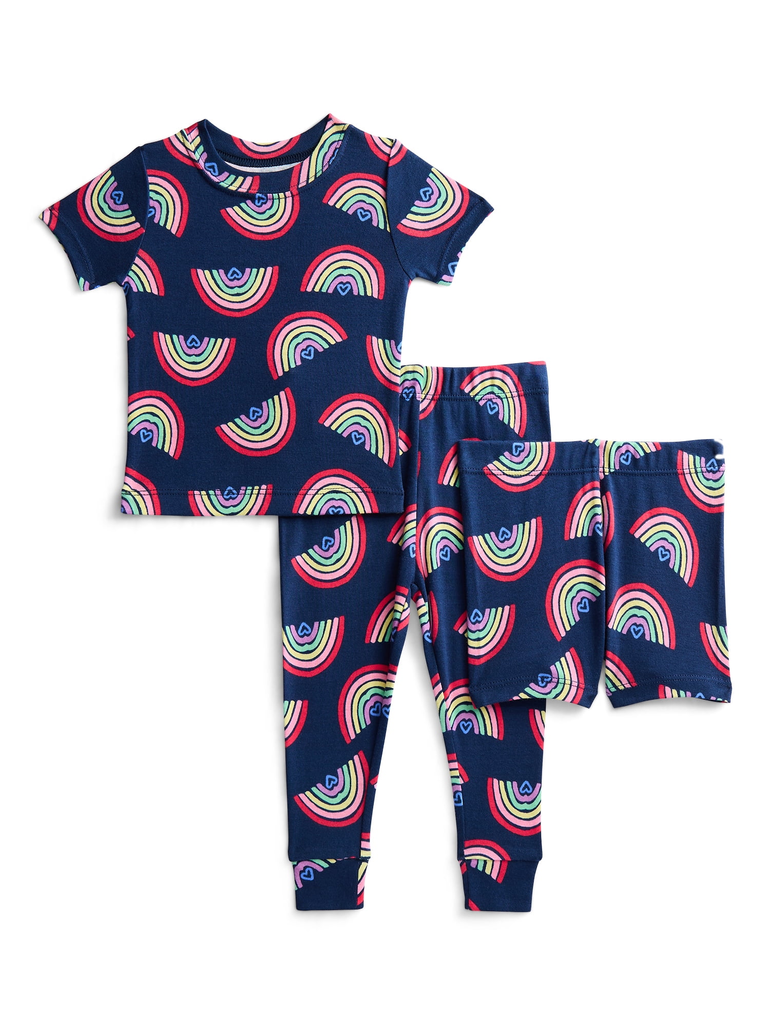 Wonder Nation Toddler Girls Short Sleeve Top, Pants and Shorts Pajama Sleep Set, 3-Piece, Sizes 12M-5T