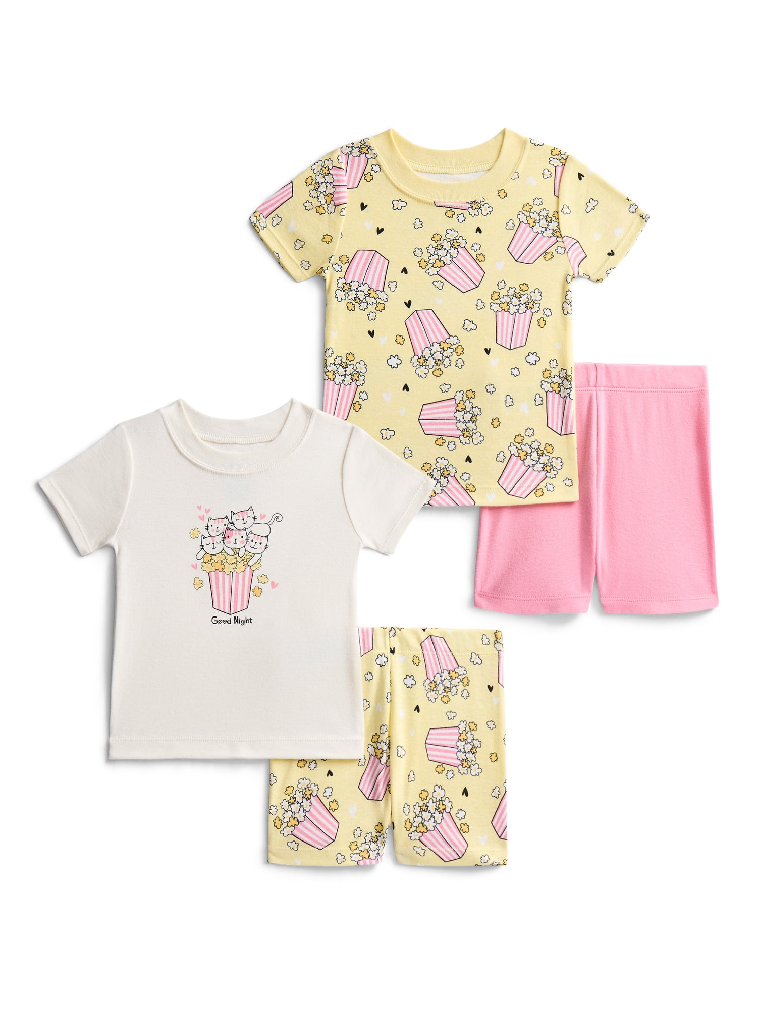 Wonder Nation Toddler Girls Short Sleeve Tee and Shorts Cotton Tight Fit Pajama Set, 4-Piece, Sizes 12M-5T