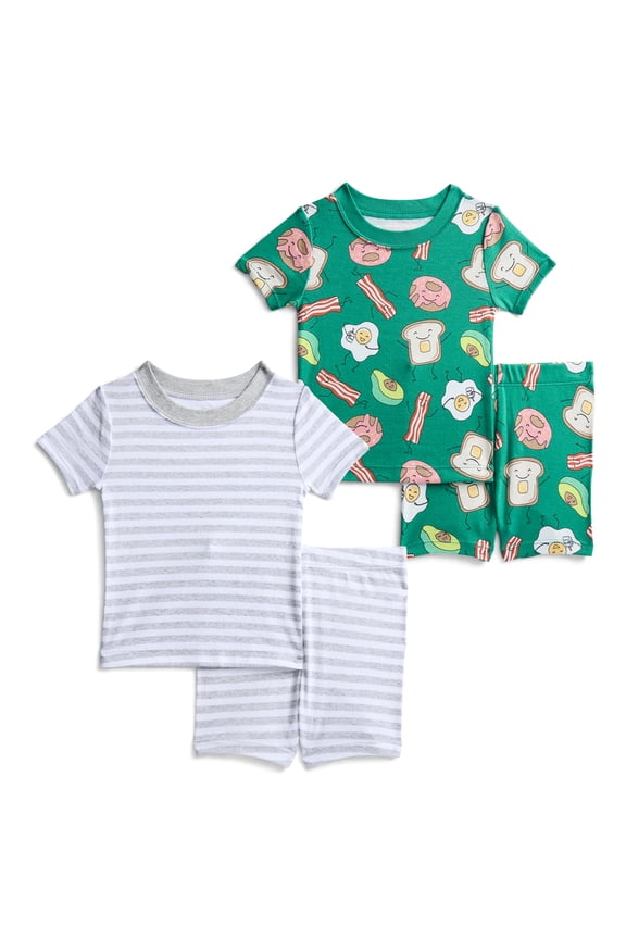 Toddler Boys Short Sleeve Tee and Shorts Cotton Tight Fit Pajama Set, 4-Piece, Sizes 12M-5T