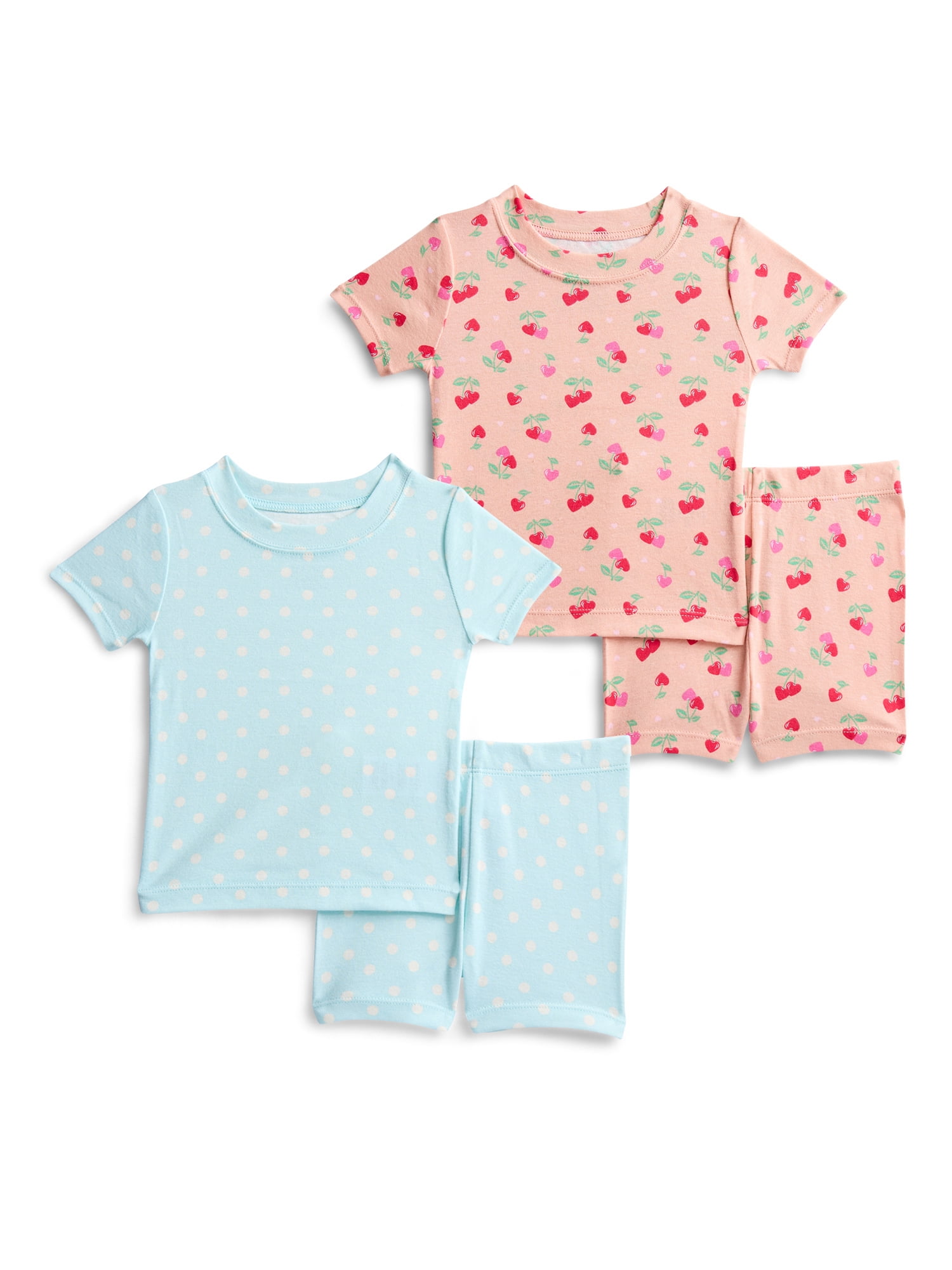 Wonder Nation Toddler Girls Short Sleeve Tee and Shorts Cotton Tight Fit Pajama Set, 4-Piece, Sizes 12M-5T
