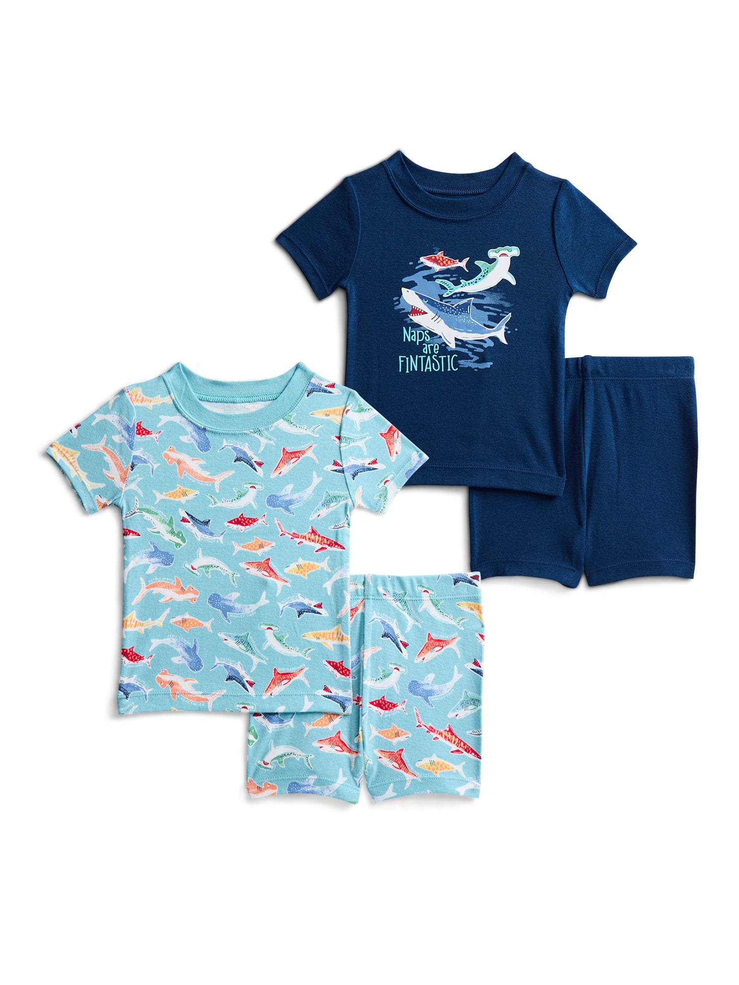 Wonder Nation Toddler Boys Short Sleeve Tee and Shorts Cotton Tight Fit Pajama Set, 4-Piece, Sizes 12M-5T