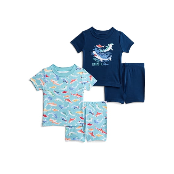 Wonder Nation Toddler Boys Short Sleeve Tee and Shorts Cotton Tight Fit Pajama Set, 4-Piece, Sizes 12M-5T