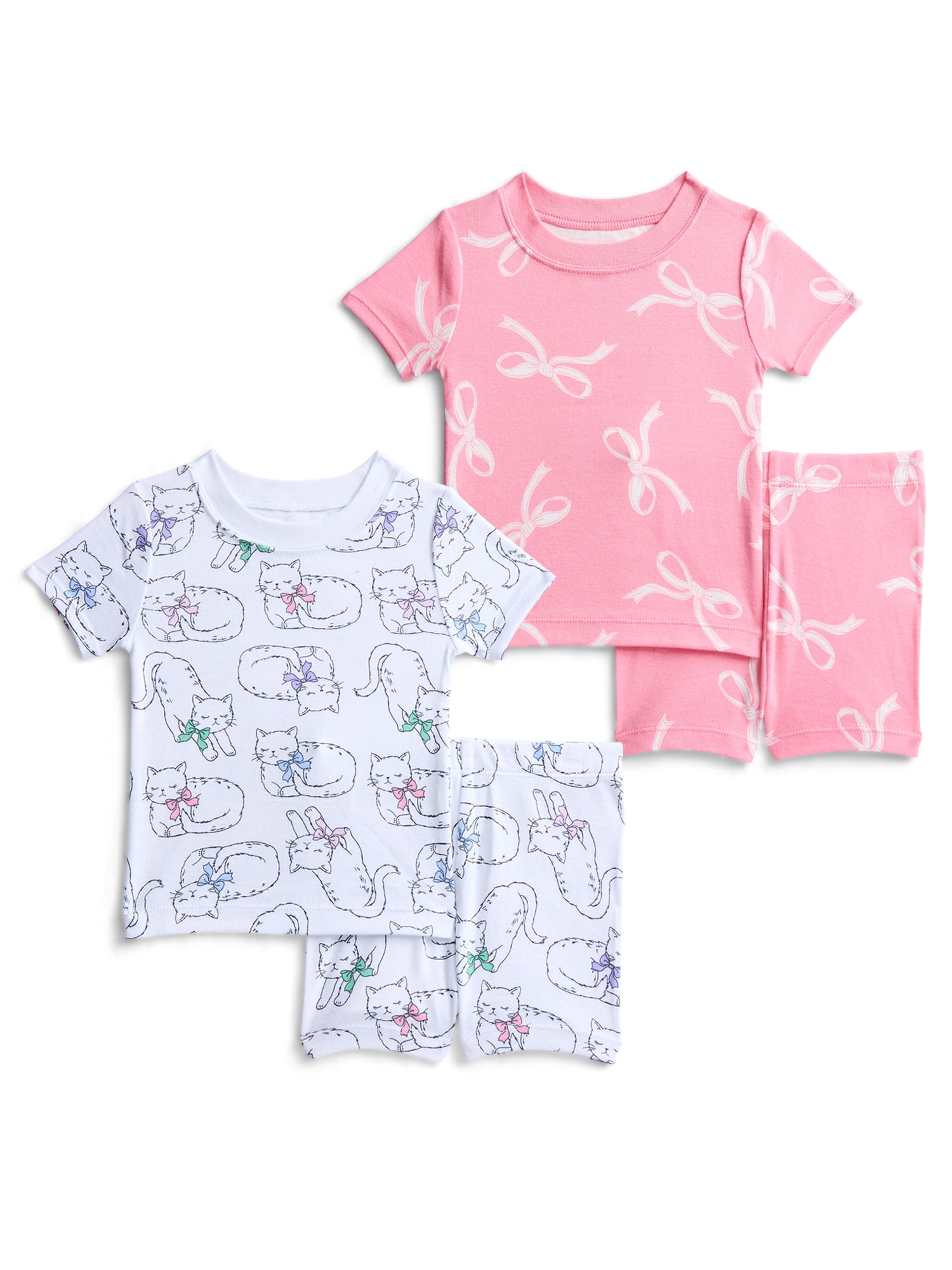 Wonder Nation Toddler Girls Short Sleeve Tee and Shorts Cotton Tight Fit Pajama Set, 4-Piece, Sizes 12M-5T