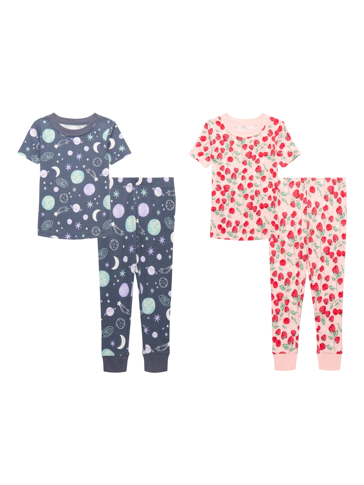 Wonder Nation Toddler Short Sleeve Tight Fit Cotton Pajama Set, 4-Piece, Sizes 12M-5T