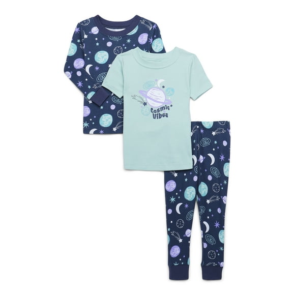 Wonder Nation Toddler Short and Long Sleeve Cotton Pajama Set, 3-Piece, Sizes 12M-5T