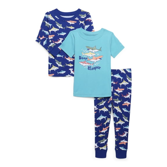 Wonder Nation Toddler Short and Long Sleeve Cotton Pajama Set, 3-Piece, Sizes 12M-5T