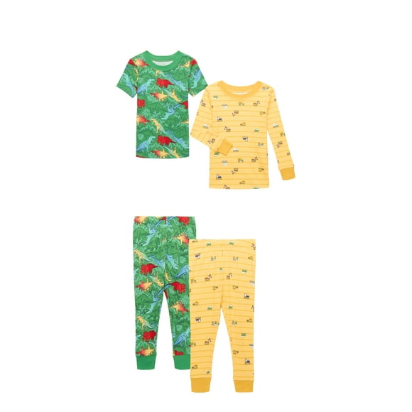 Wonder Nation Toddler Short and Long Sleeve Cotton Tight Fit Pajama Set, 4-Piece, Sizes 12M-5T