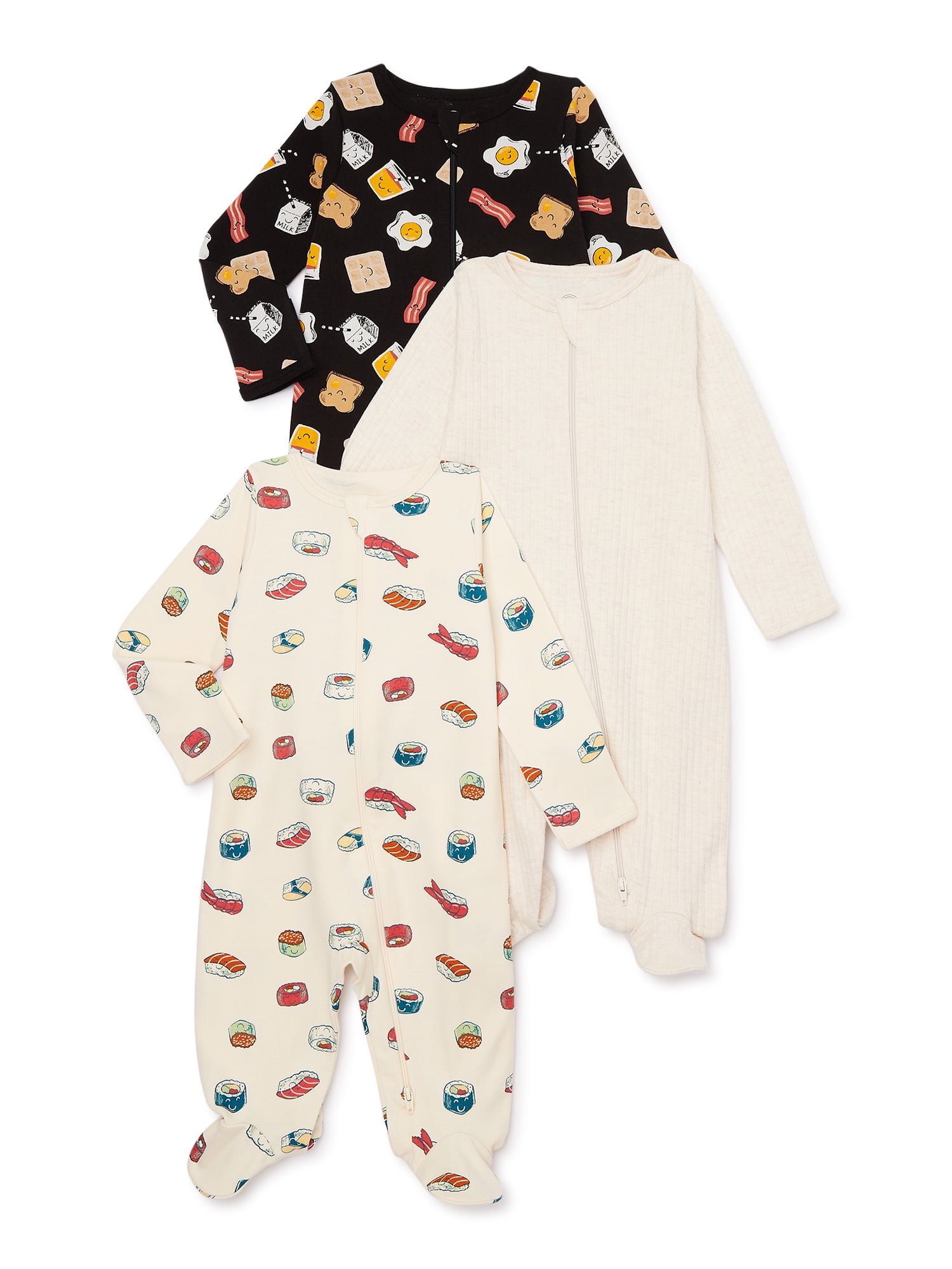 Wonder Nation Unisex 3/6 M Long Sleeve/Neutral Food/Crewneck/Cotton One Piece Sleep N Play, (3-Pack)