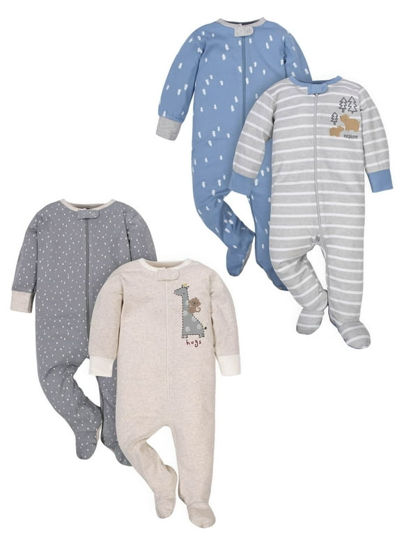 Wonder Nation Unisex Baby Zip Front Sleep ‘N Play Pajamas, 4-Pack, Sizes NB-9m